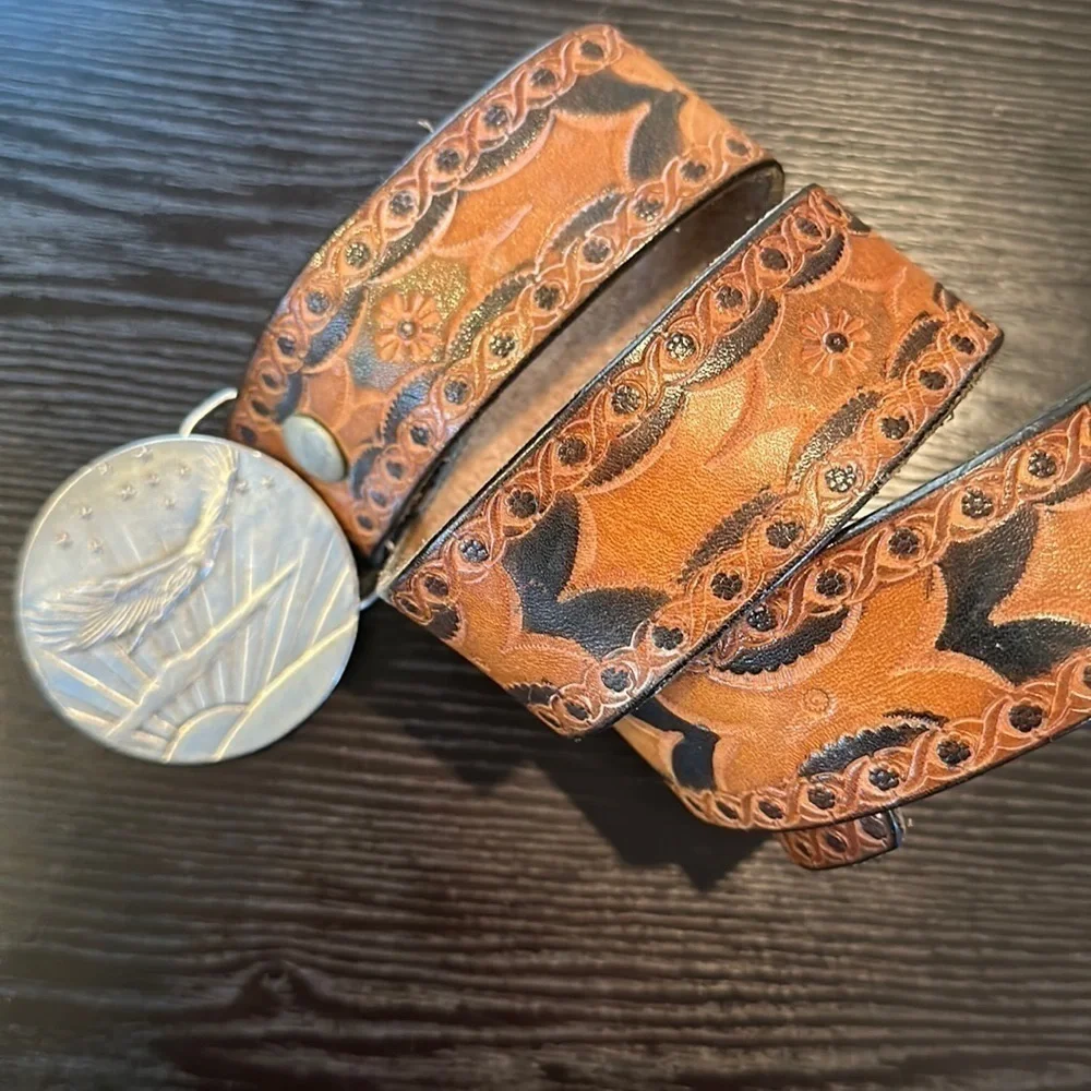 Bergamot Brass Works Vintage Tooled Leather Belt with Soaring Eagle Brass Buckle